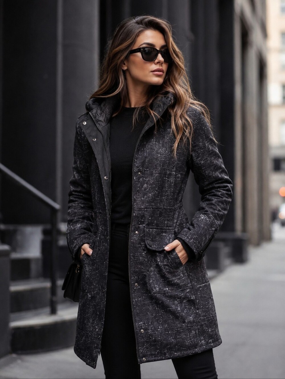 GUESS Hooded Utility Coat Women’s Small Black Gray Snap Front Jacket